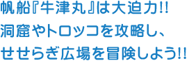 帆船『牛津丸』は大迫力!!
										洞窟やトロッコを攻略し、
										せせらぎ広場を冒険しよう!!