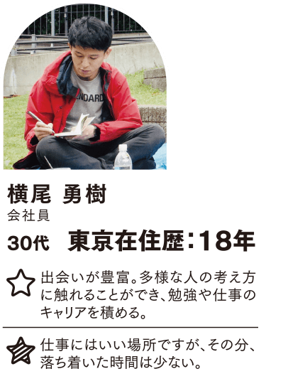 横尾 勇樹 東京在住歴：18年 出会いが豊富。多様な人の考え方に触れることができ、勉強や仕事のキャリアを積める。 仕事にはいい場所ですが、その分、落ち着いた時間は少ない。