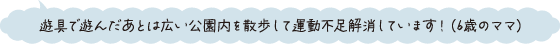 遊具で遊んだあとは広い公園内を散歩して運動不足を解消しています！ （6歳のママ）