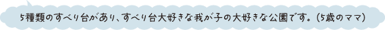 5種類のすべり台があり、すべり台大好きな我が子の大好きな公園です。（5歳のママ）
