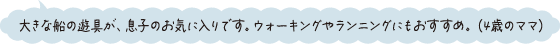 大きな船の遊具が、息子のお気に入りです。ウォーキングやランニングにおすすめ。（4歳のママ）