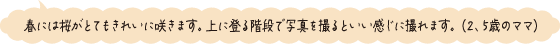 春には桜がとてもきれいに咲きます。上に登る階段で写真を撮るといい感じに撮れます。（2、5歳のママ）