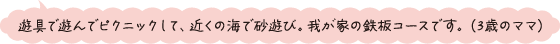 遊具で遊んでピクニックして、近くの海で砂遊び。我が家の鉄板コースです。（3歳のママ）