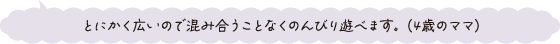 とにかく広いので混み合うことなくのんびり遊べます。（4歳のママ）