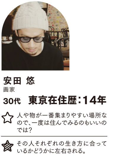 安田 悠 東京在住歴：14年 人や物が一番集まりやすい場所なので、一度は住んでみるのもいいのでは？ その人それぞれの生き方に合っているかどうかに左右される。